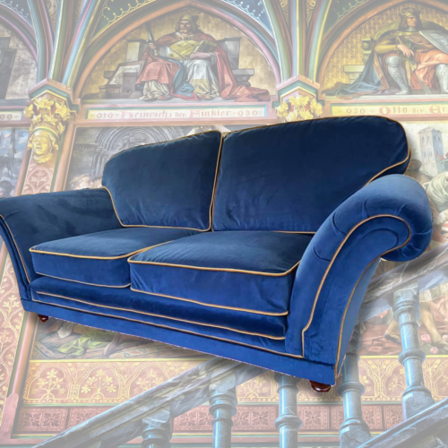 blue velvet sofa with mustard boning