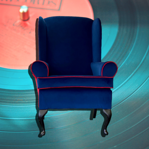 red and blue velvet chair back